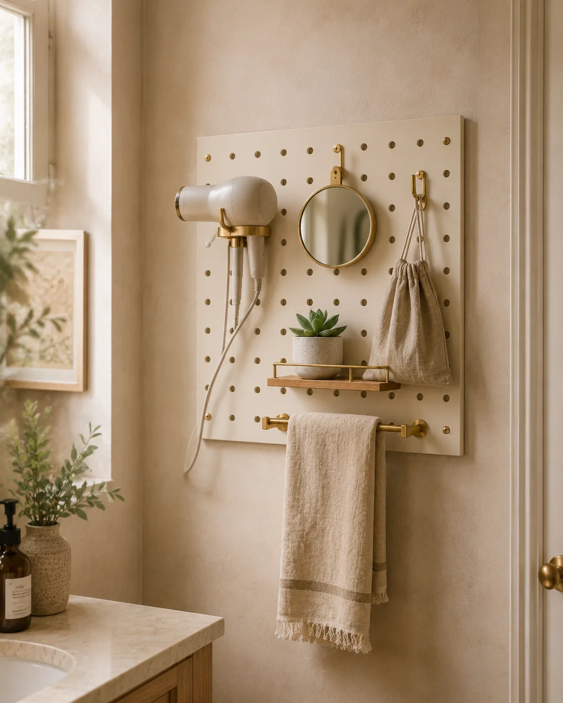 A small square pegboard in warm cream with brass hooks mounted on a beige bathroom wall, holding a hair dryer, a small round mirror, a cloth bag, a succulent on a tiny shelf, and a linen hand towel on a rail