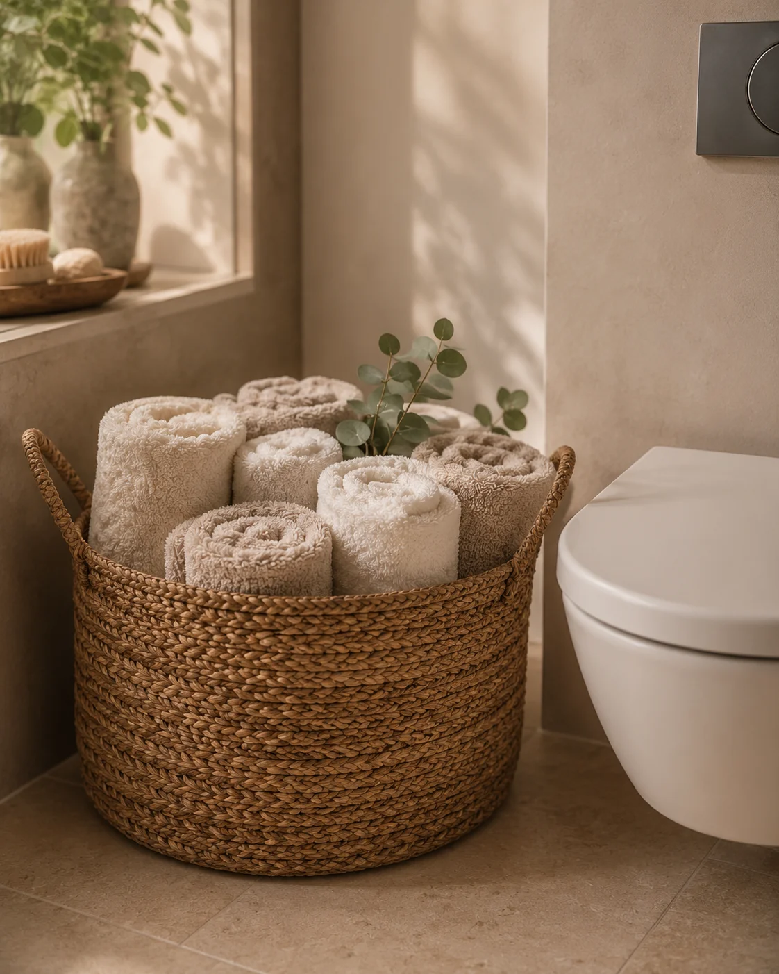 A large round natural seagrass basket filled with neatly rolled cream and oatmeal towels beside a wall-mounted toilet, a small eucalyptus sprig tucked among them, warm natural light