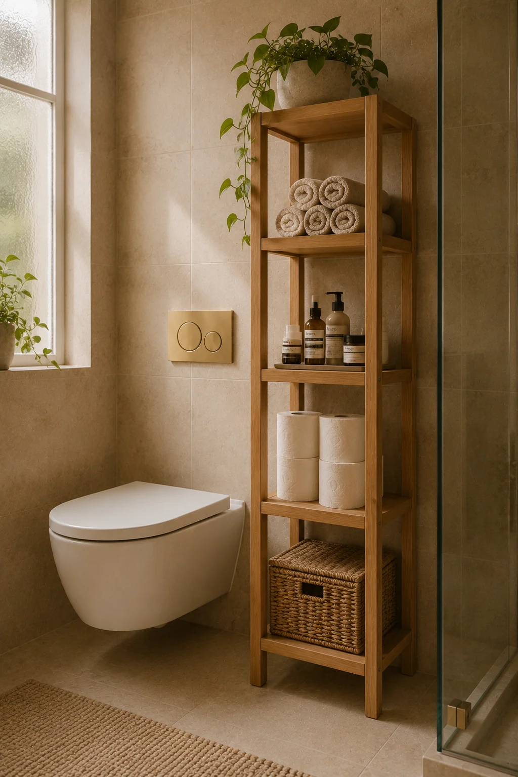 A slim five-tier natural oak bathroom storage tower beside a wall-mounted toilet, each tier styled — top with a trailing plant, then rolled towels, Aesop products, toilet paper rolls, and a woven basket at the base