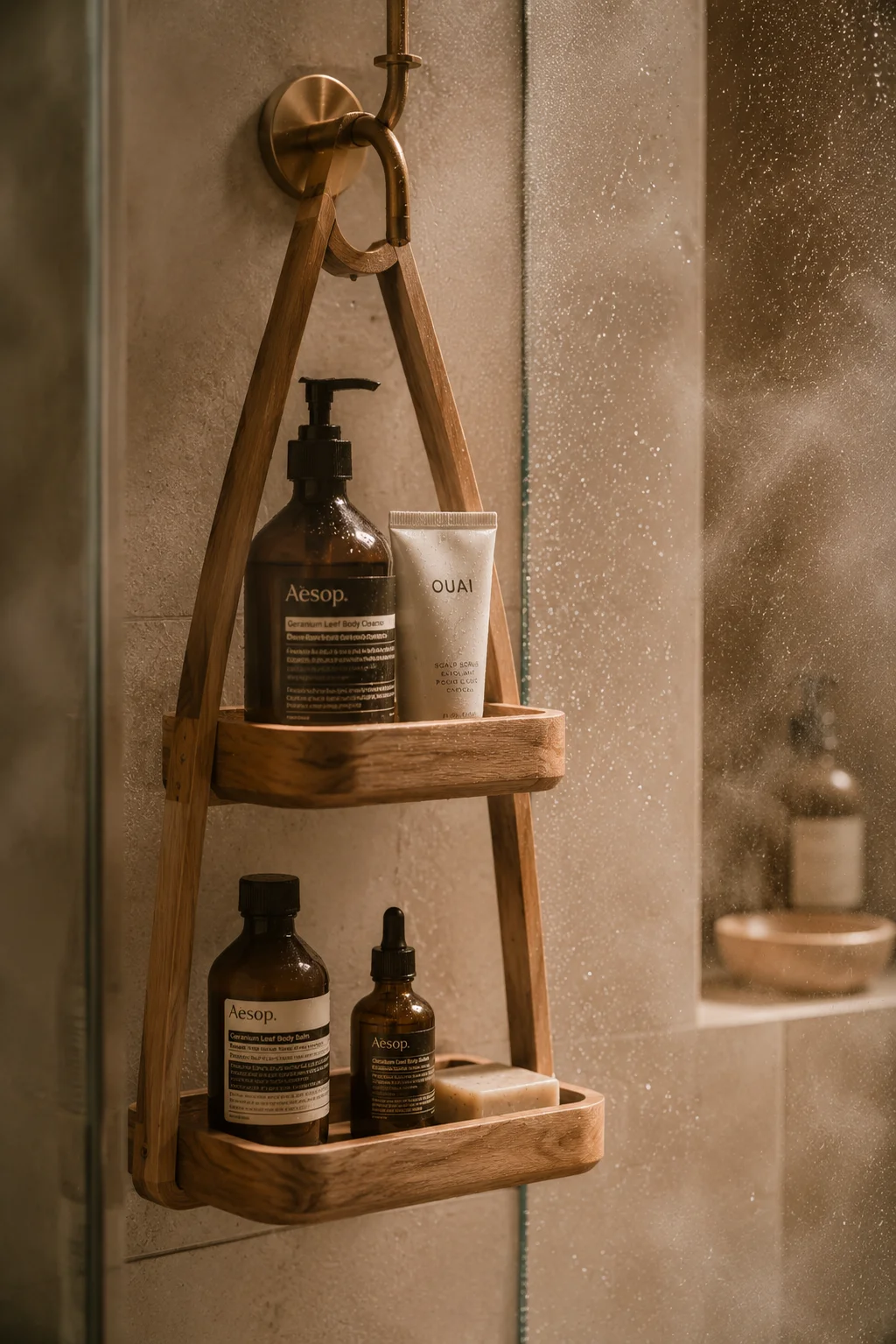 A natural teak wood two-tier hanging shower caddy suspended from a brass hook, holding minimalist amber Aesop and OUAI product bottles on each tier, wet tile background with steam visible