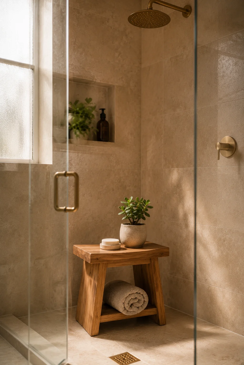 A natural teak shower bench inside a frameless glass shower, top surface holding a round soap dish and a small plant, a rolled towel tucked underneath, warm stone tiles and brass showerhead above