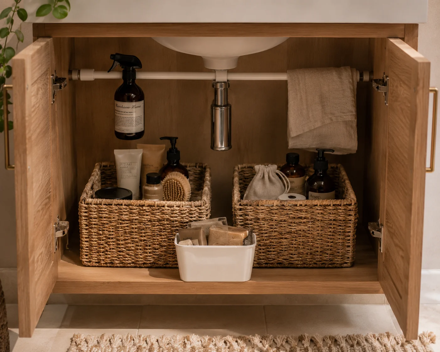 An open under-sink bathroom cabinet showing two natural woven seagrass baskets side by side with neatly organized toiletries, a spray bottle hanging from a rod at the back, and a small white bin in front