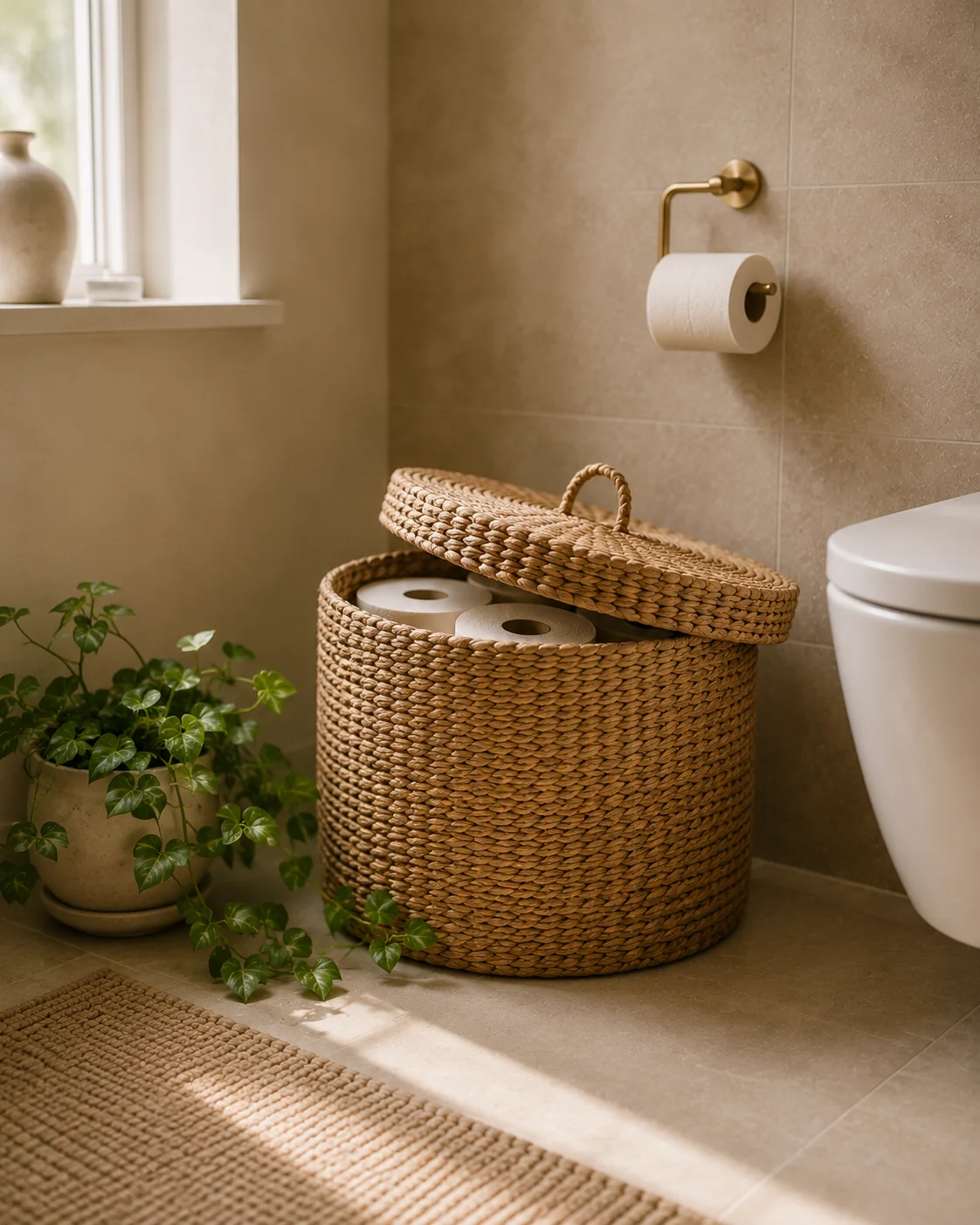 A large round natural woven hyacinth basket with a lid sitting on warm beige floor beside a toilet, lid slightly open revealing neatly stacked spare toilet rolls, a trailing ivy plant beside it, soft natural window light