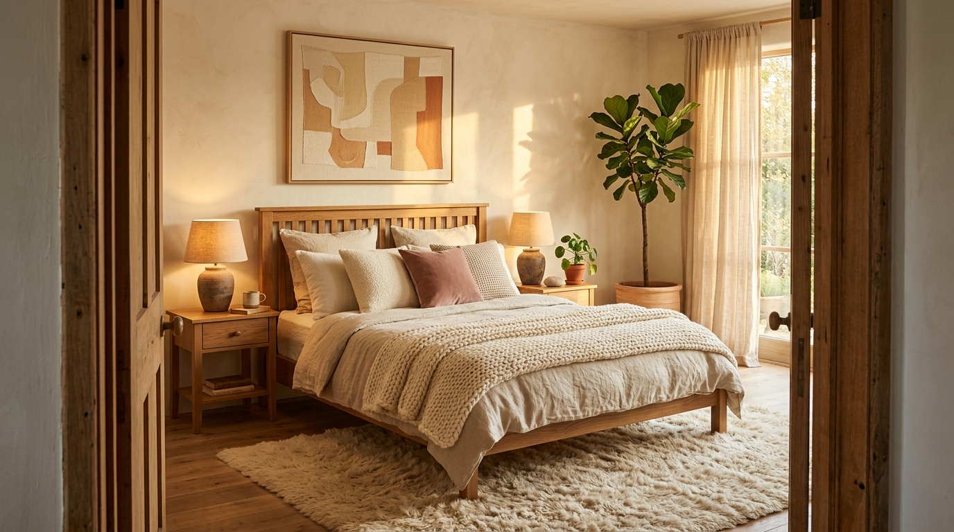 Warm cozy bedroom with layered washed linen bedding, a chunky knit throw, and golden afternoon light filtering through sheer curtains