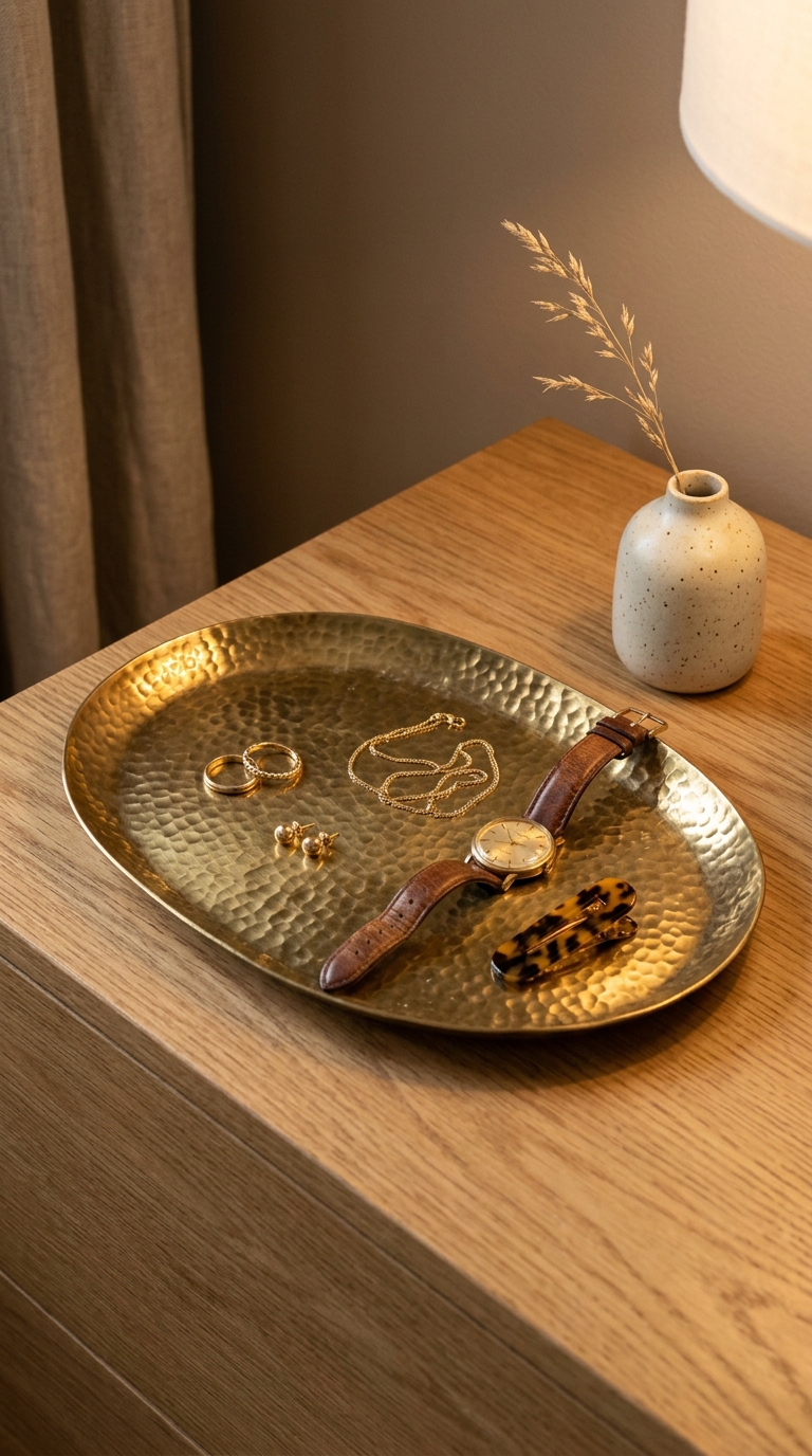 Hammered brass oval tray on warm oak dresser containing jewellery and everyday objects