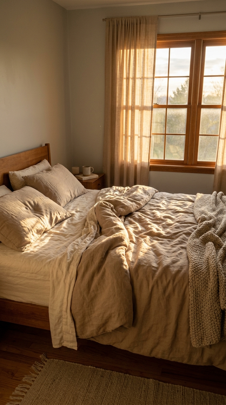 Cozy bedroom at evening perfection — dimmed lamps, lit candle, fairy lights, under-bed glow