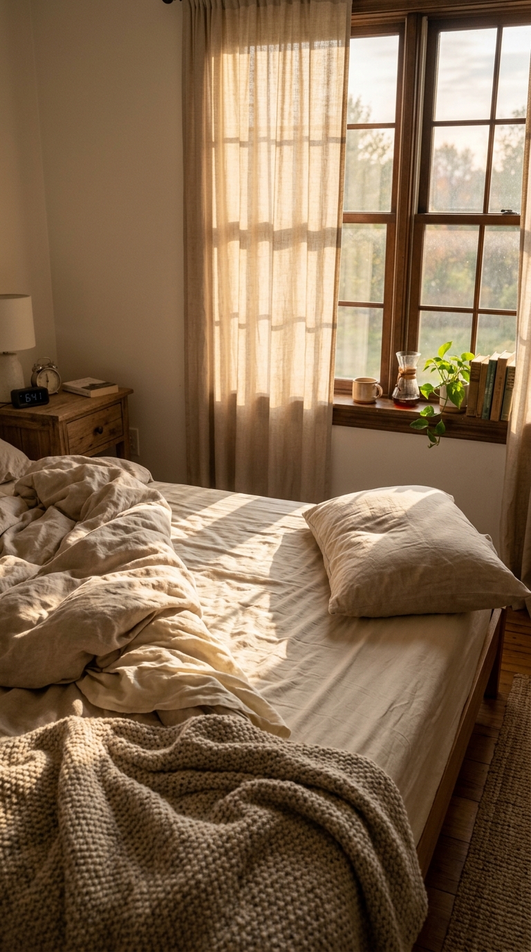 Bedroom at first morning light — rumpled linen, horizontal golden light through curtains