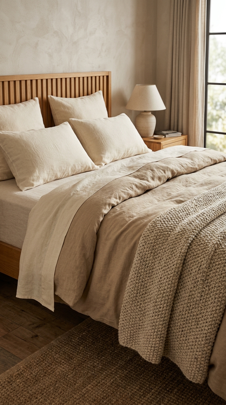 Four bedding layers visible — sheet, flat sheet, duvet, and chunky knit throw cascading at the bed edge