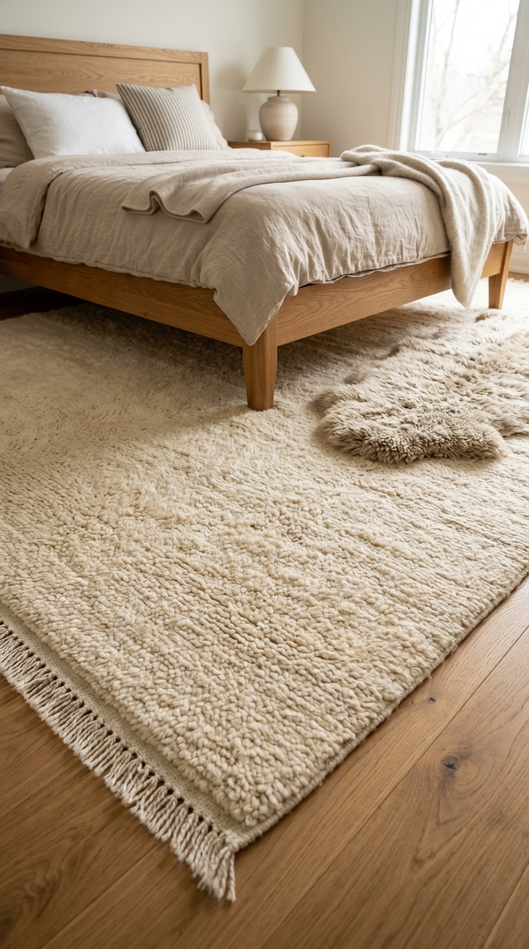 Large natural wool rug extending beyond the bed on warm oak floor — low-angle floor-level shot