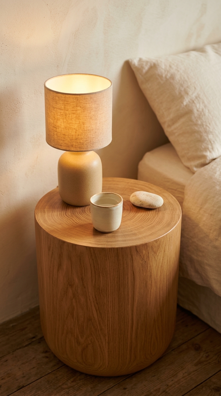 Two matching ceramic bedside lamps on warm oak tables casting amber halos through linen shades