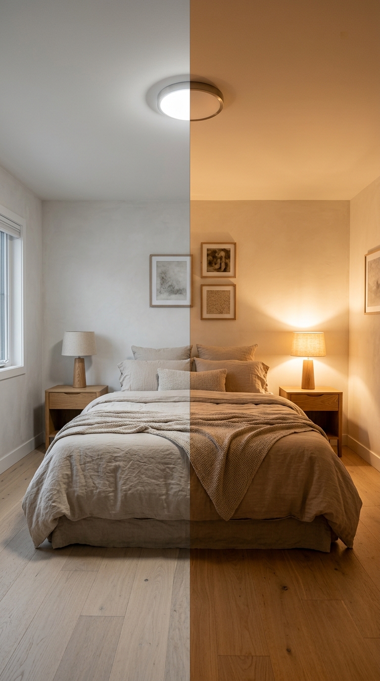 Side-by-side comparison: same bedroom under cold overhead light versus warm bedside lamp light