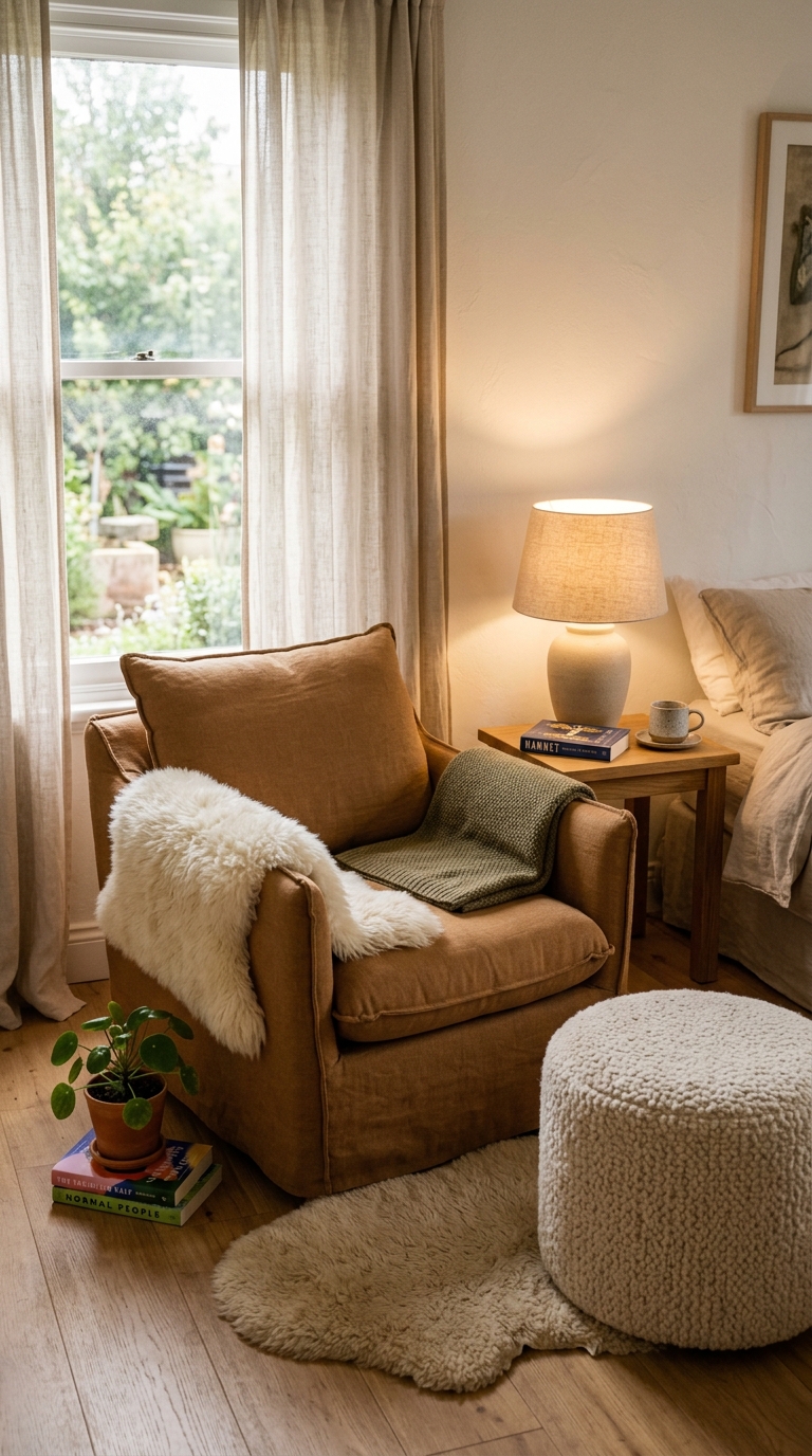Generous armchair in warm caramel linen with sheepskin draped over arm and its own bedside lamp