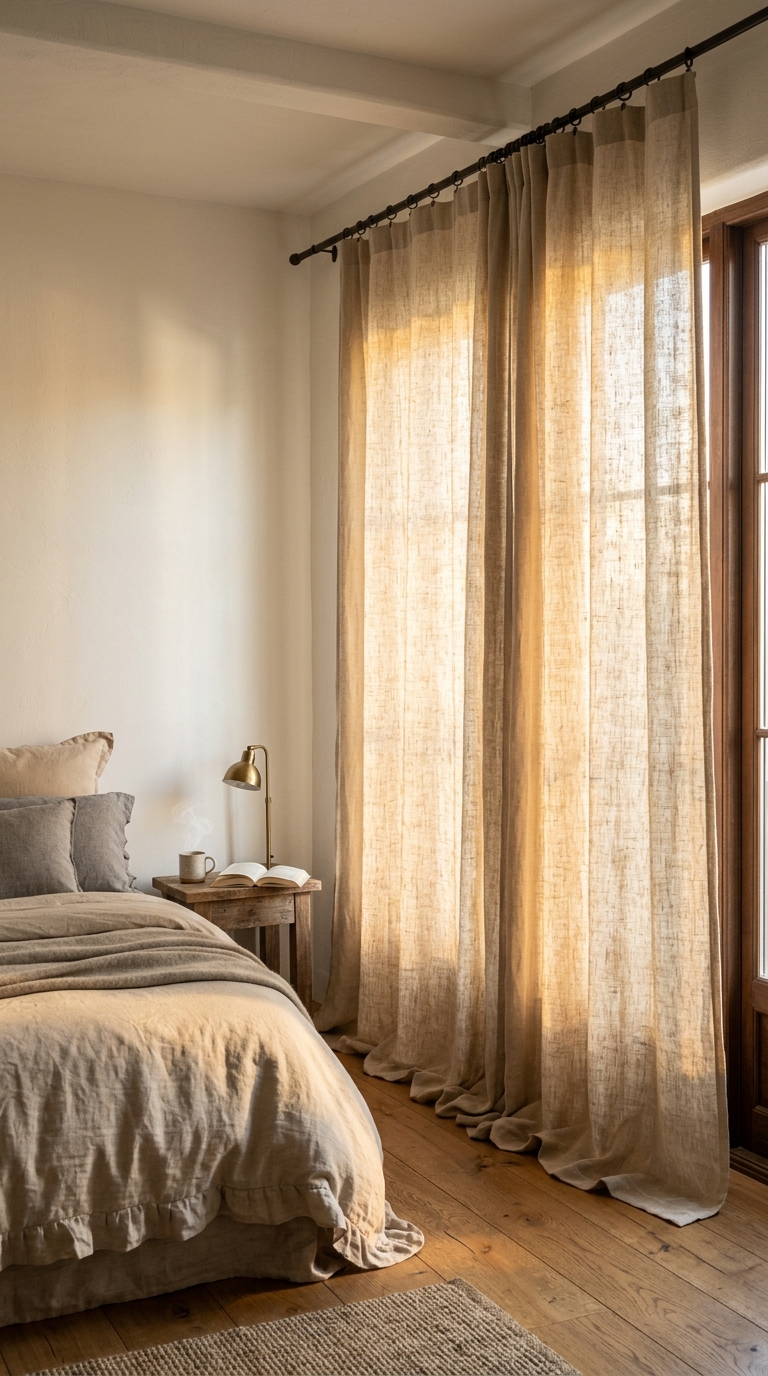 Floor-to-ceiling natural linen curtains filtering morning light with fabric pooling on oak floor
