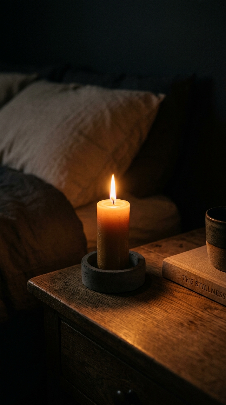 Single lit beeswax candle on concrete holder as the only light source in a dark bedroom
