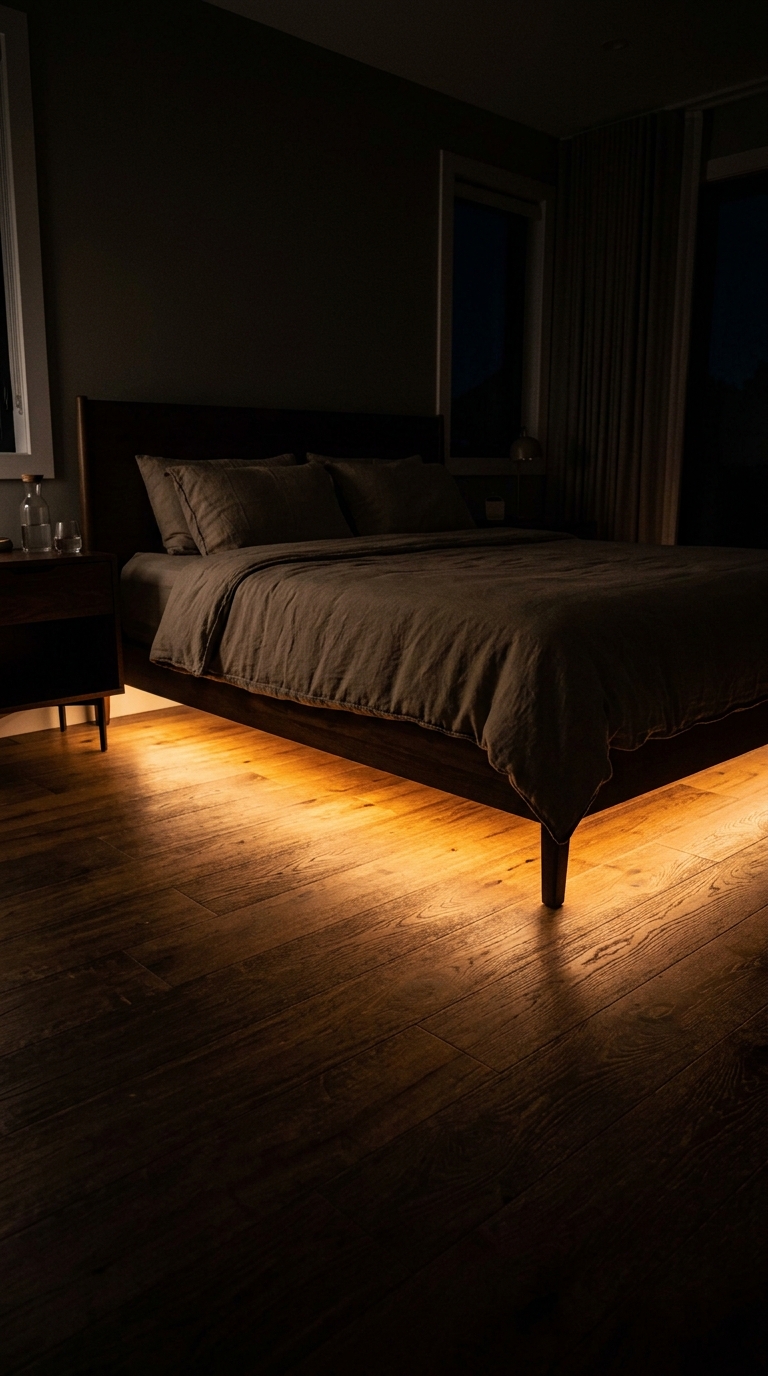 Under-bed LED strip creating warm amber floating effect in a dark bedroom
