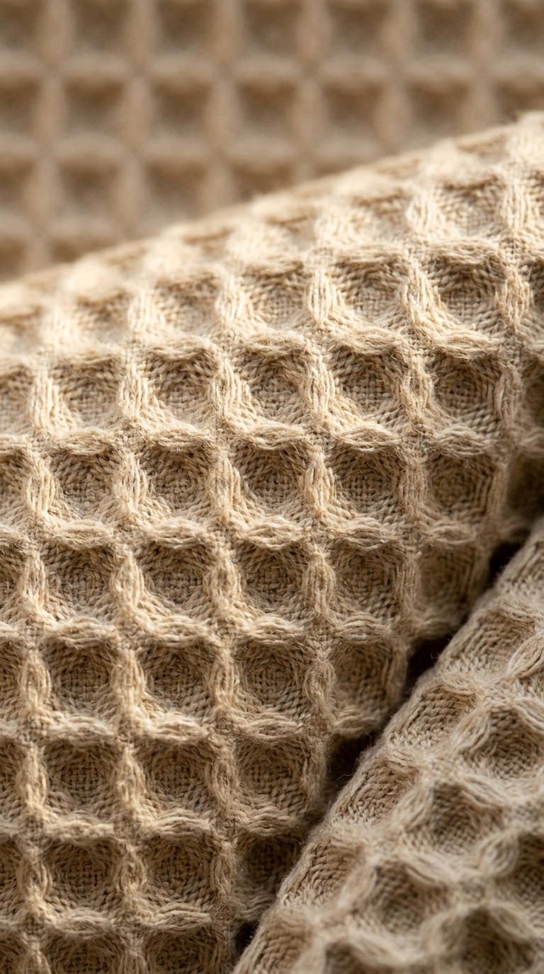 Waffle-weave cotton fabric macro showing raised squares and channel structure in warm oatmeal