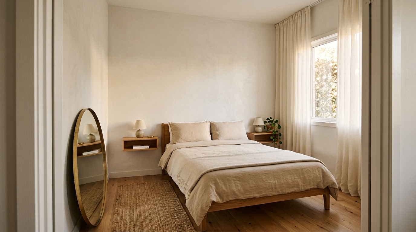 A bedroom edited to contain only what serves rest — bed, two bedside tables, one plant, one artwork, nothing else