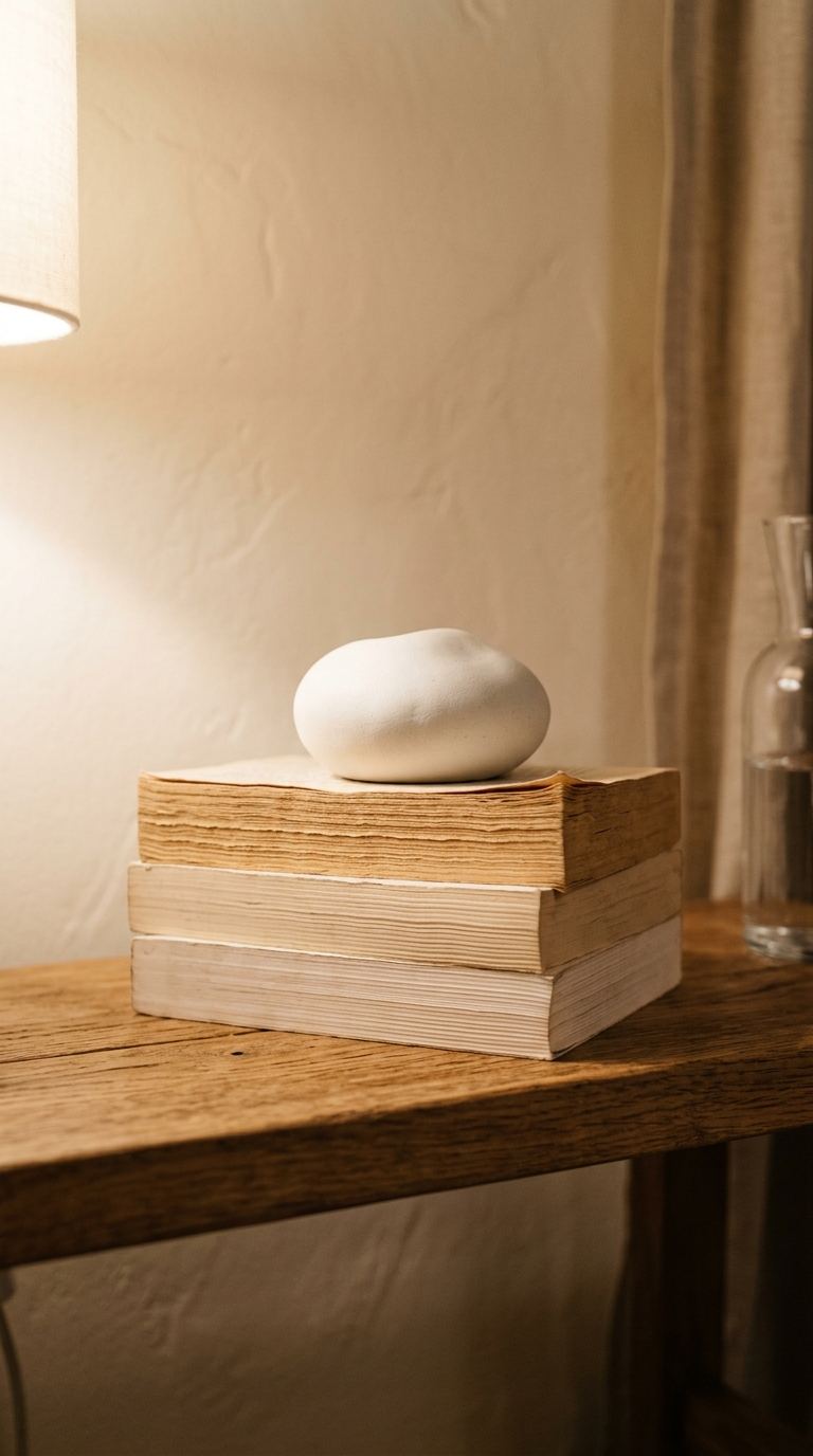 Stack of three books spine-inward on oak shelf with small white ceramic on top — page edges visible