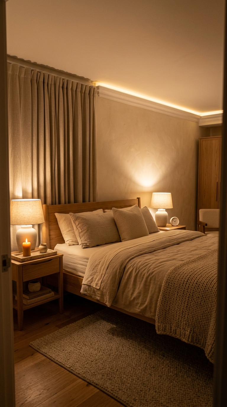 Neutral bedroom at 10pm — dimmed lamps, candle, cove light, every warm surface glowing