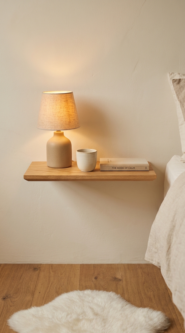 Floating solid oak bedside shelf with small ceramic lamp, cup, and book — brackets concealed