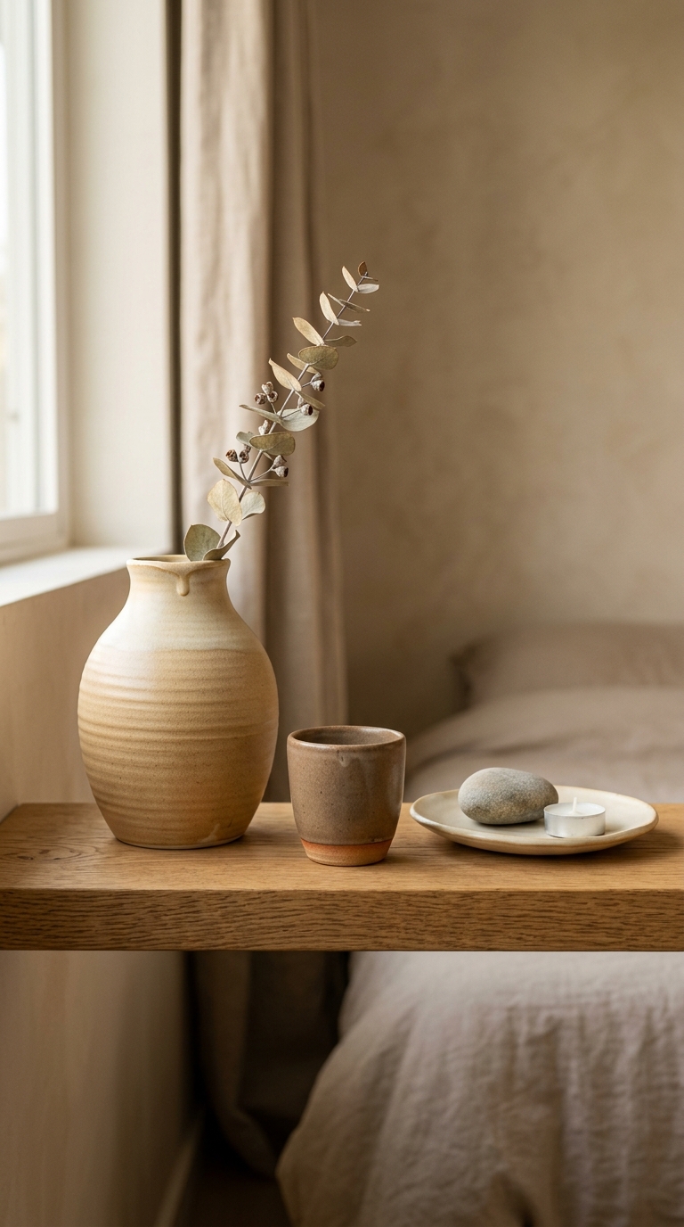 Three handmade ceramic objects — vase, cup, dish — on warm oak shelf with throwing marks visible