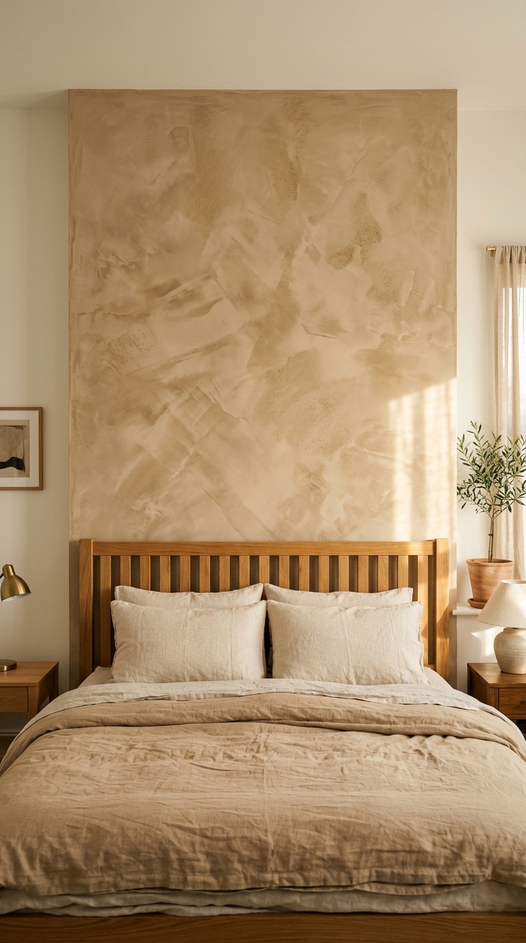 Warm sand limewash feature wall behind oak headboard with visible trowel marks and tonal variation