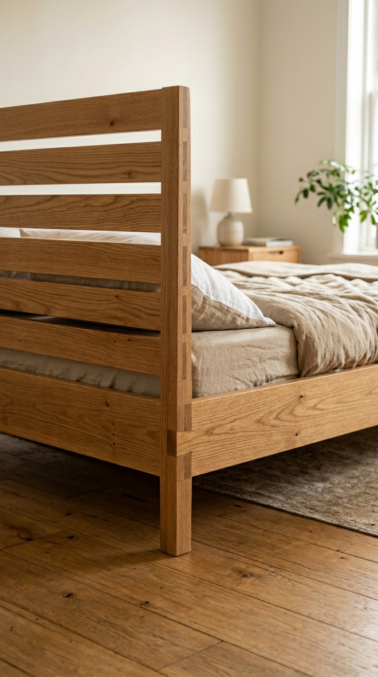 Solid warm oak bed frame with visible mortise-and-tenon joinery and slatted headboard