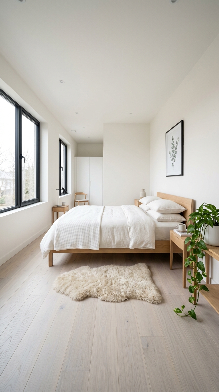 Scandinavian neutral bedroom — bright warm white, pale washed oak, black accent lamp, large window