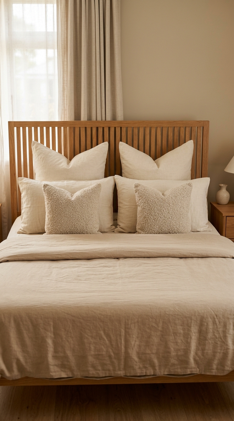 Six-pillow symmetrical stack — Euro, sleeping, bouclé — against warm oak headboard
