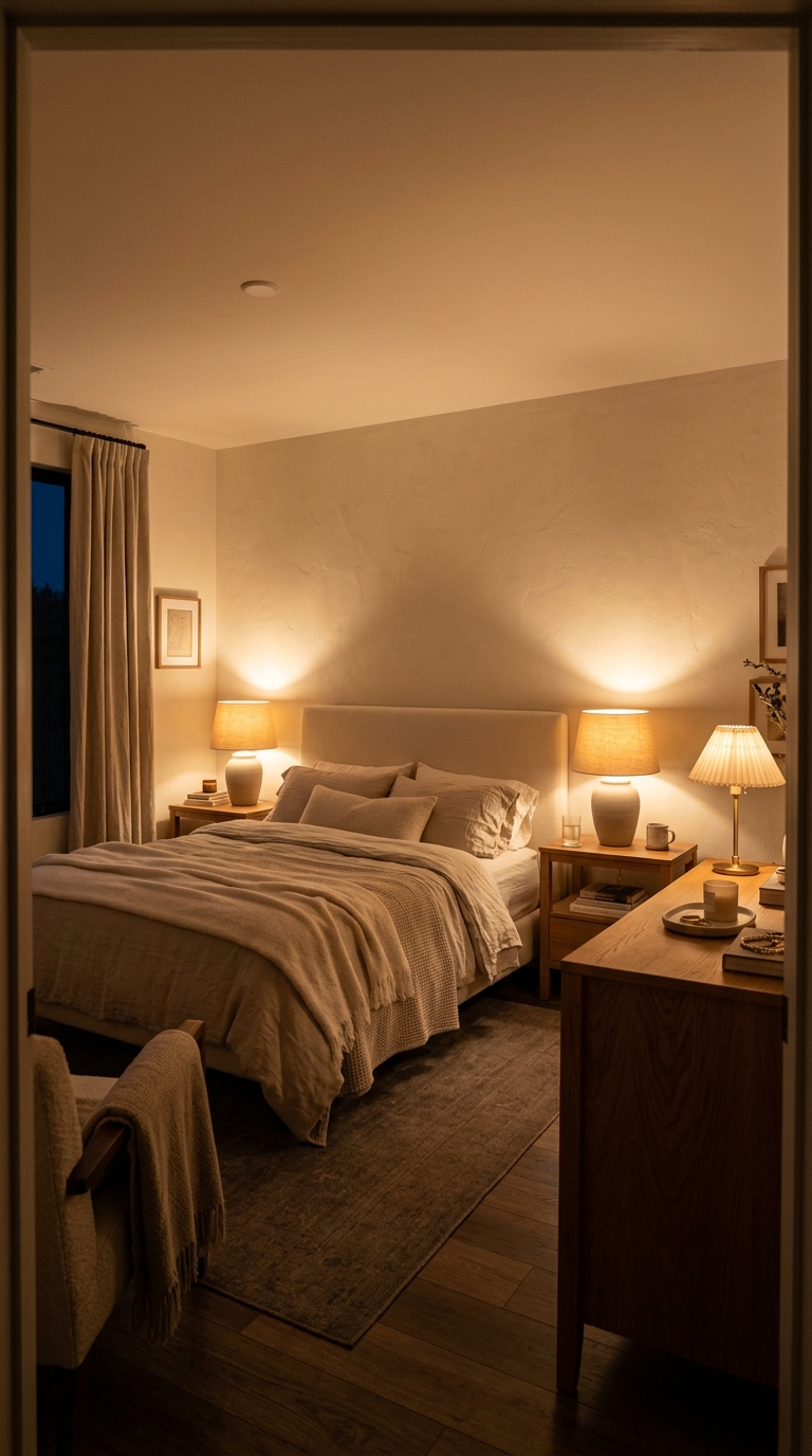 Three warm light sources forming a triangle — two bedside lamps and one dresser lamp at evening
