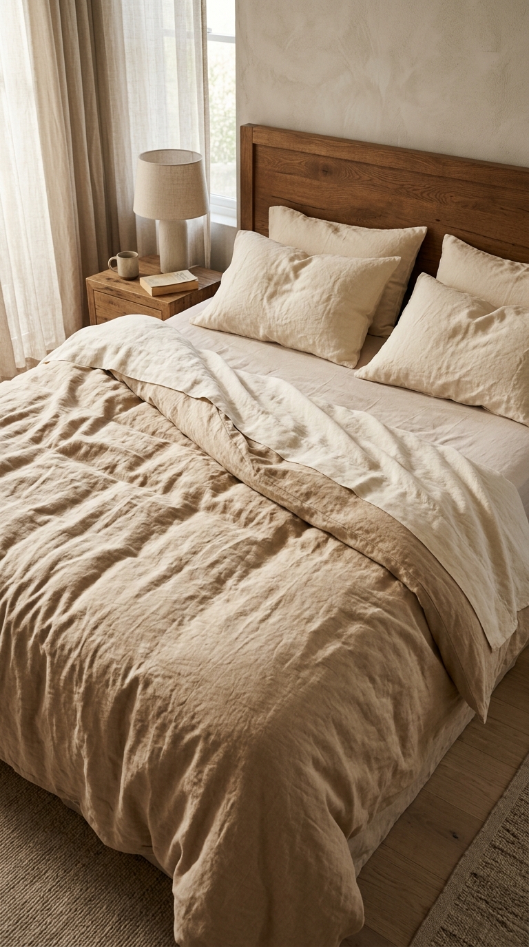 Warm beige washed linen bedding showing natural colour variation and post-wash crinkle texture