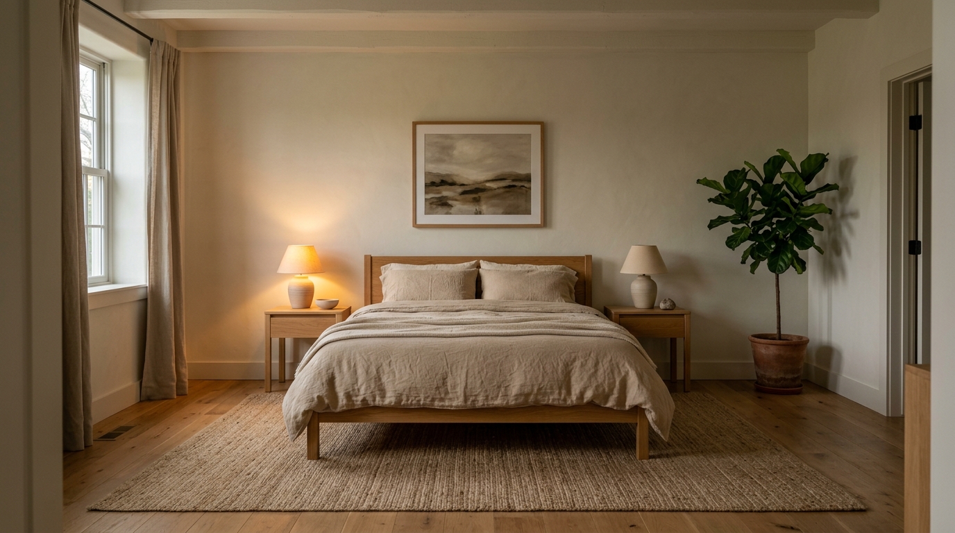 Beautifully designed small bedroom with a low oak bed, floating bedside shelves, sheer linen curtains, and a round brass mirror