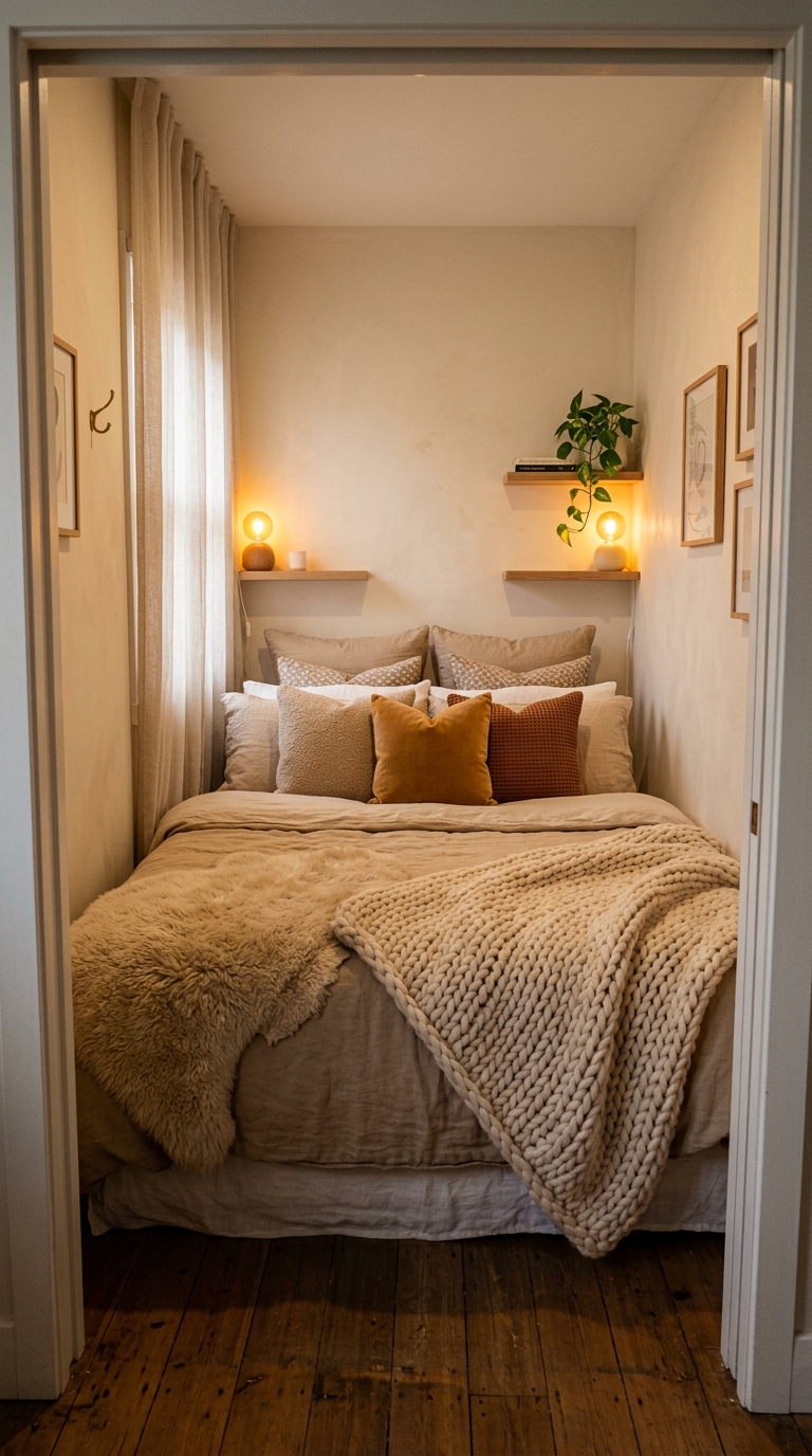 Queen bed filling 70% of small room — maximum layering creating deliberate cocooning nest effect