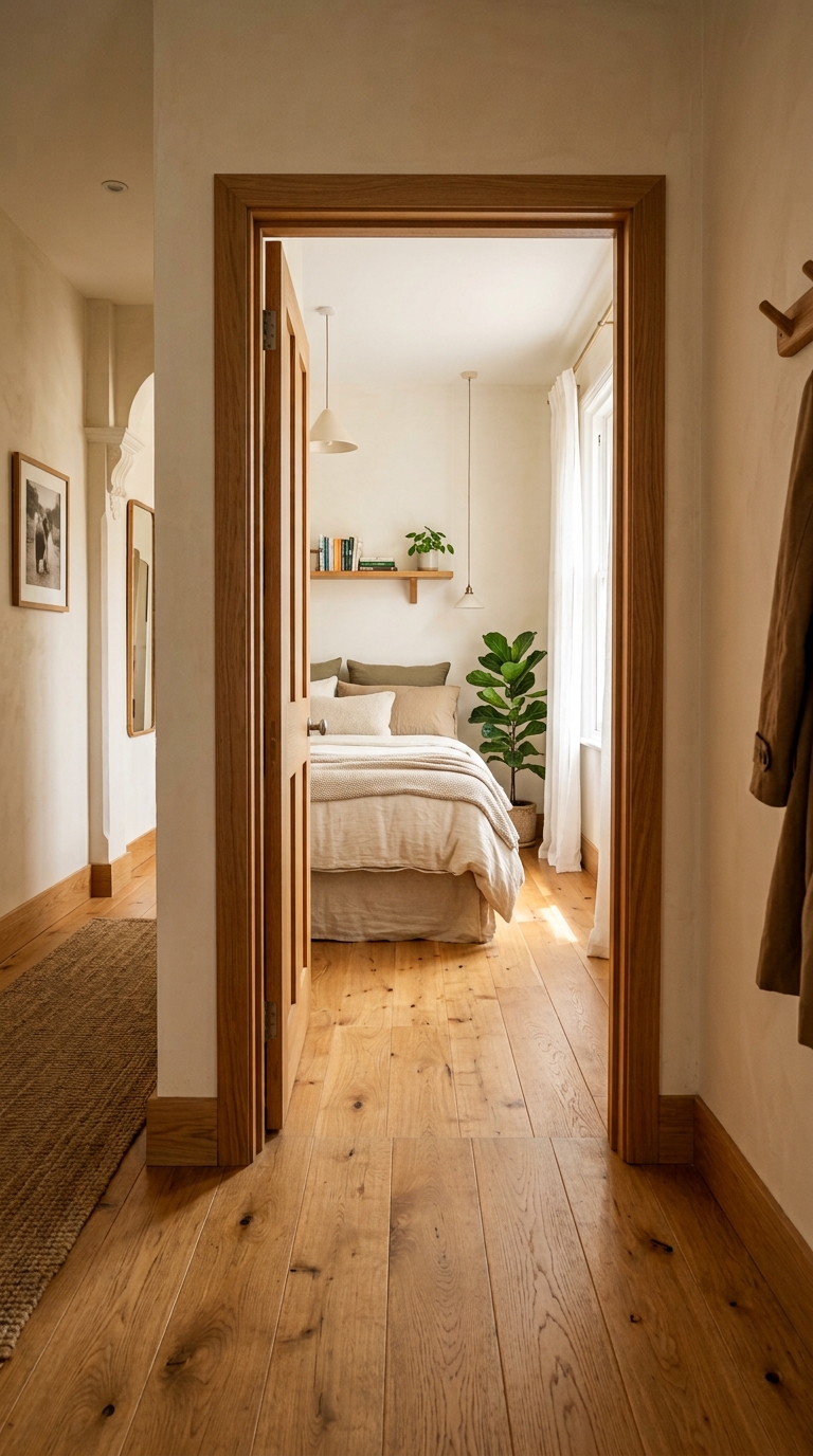 Warm oak floor running continuously from hallway into bedroom with no threshold break