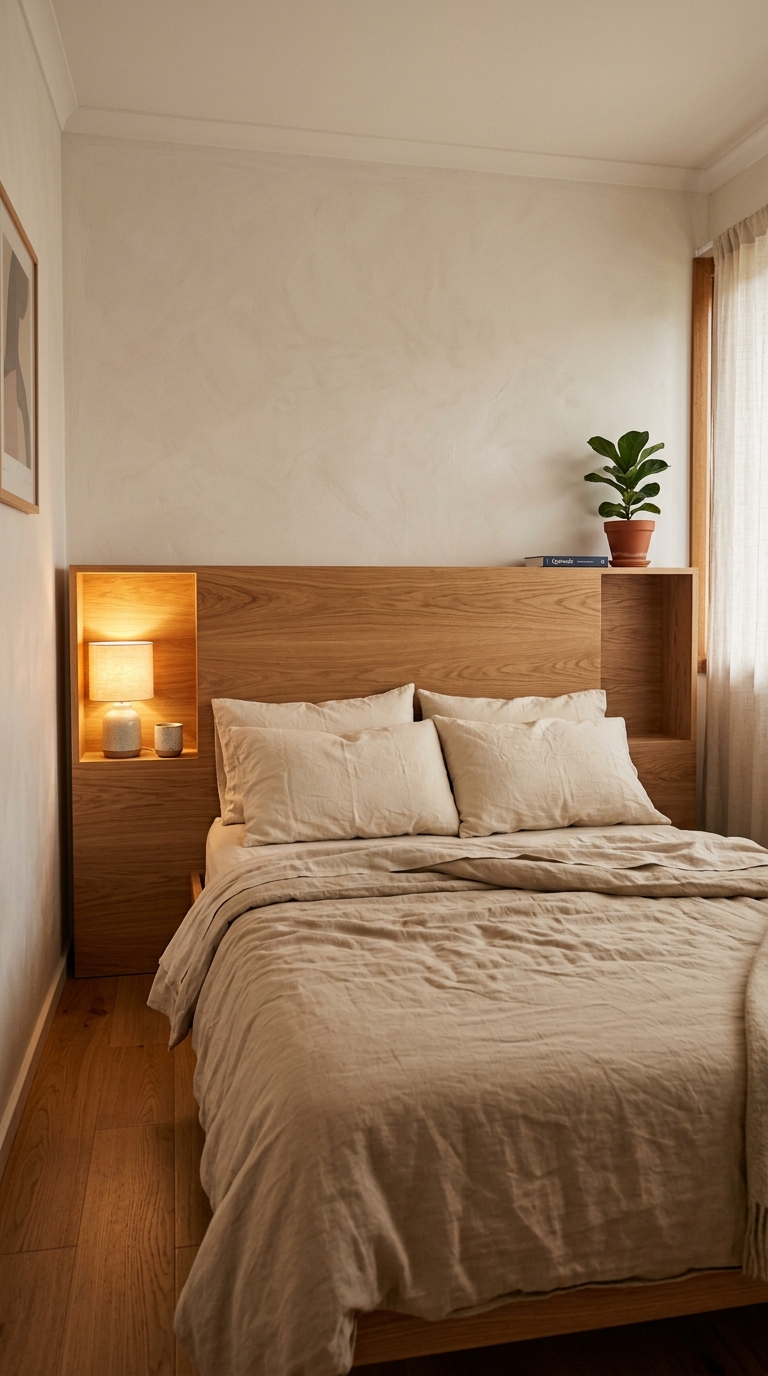 Solid oak headboard with built-in cubbies holding lamp and objects — no separate bedside tables needed