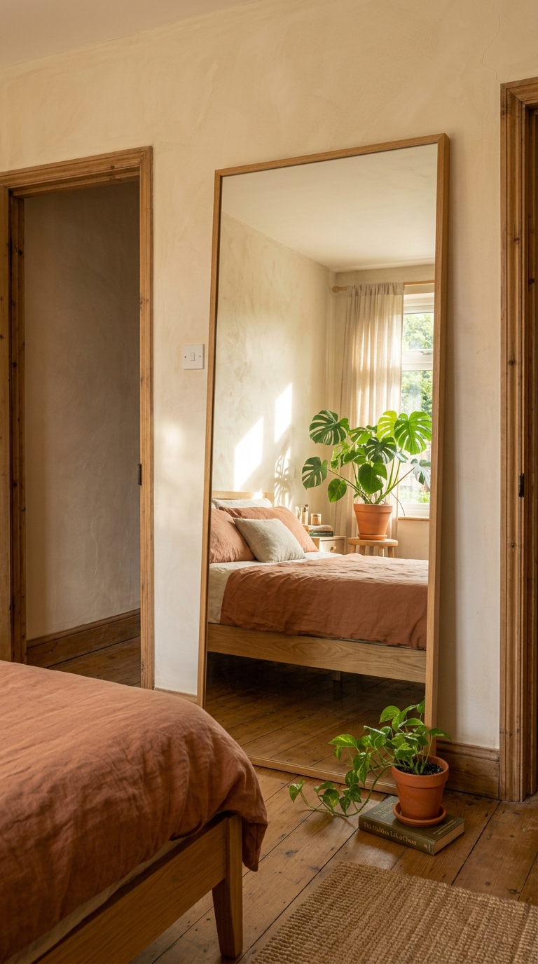 Large leaning full-length mirror in oak frame — room reflected in glass doubling visual depth