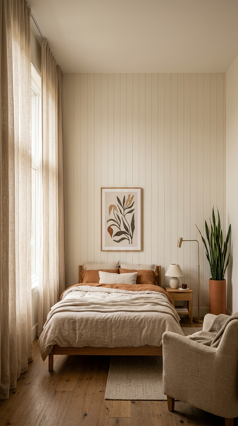 Low-profile oak bed frame — more wall visible above, room feels taller and more generous