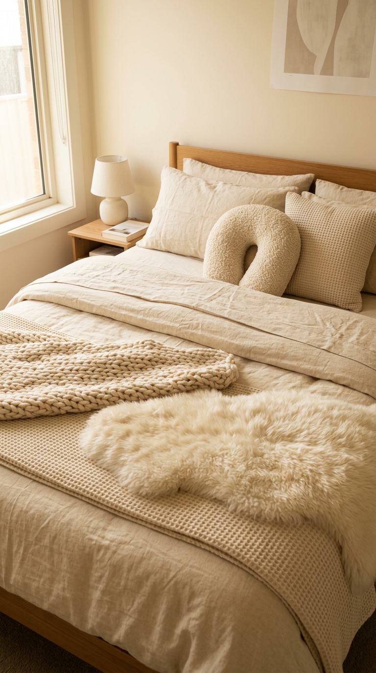 Completely monochromatic warm cream bed — six textures within one tone, deeply calming