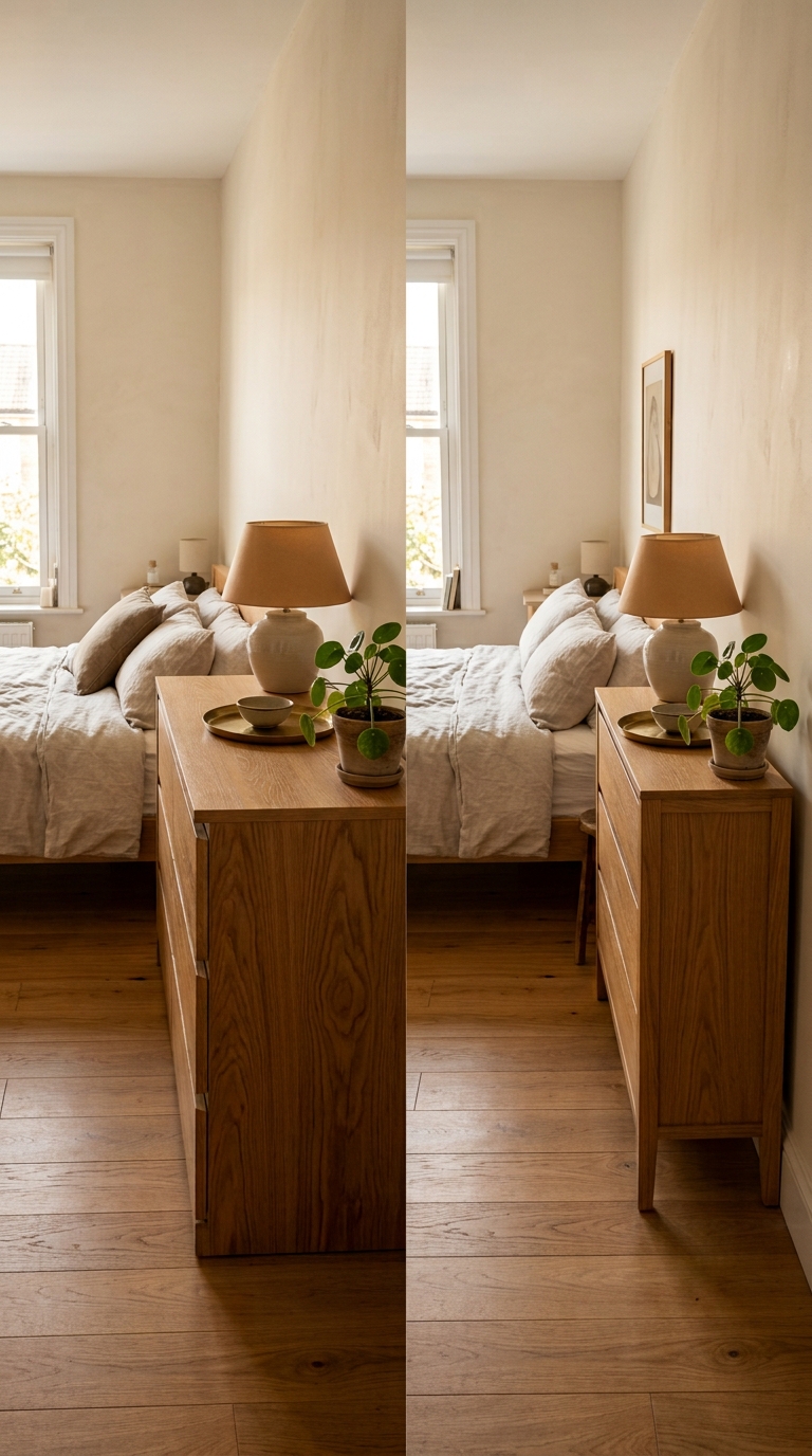 Split comparison — standard 55cm dresser vs narrow 38cm dresser showing 17cm walking path difference