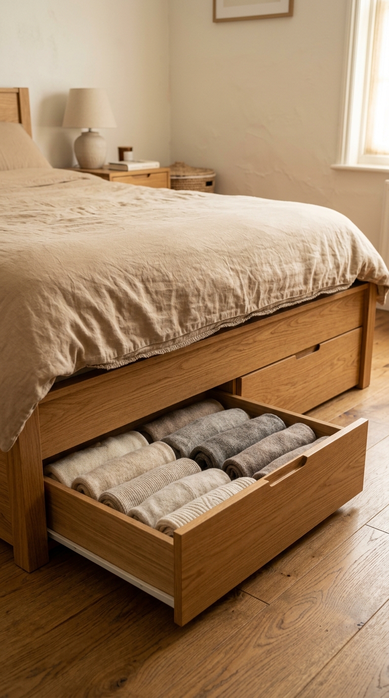 Oak bed frame with built-in storage drawer pulled open showing organized folded knitwear