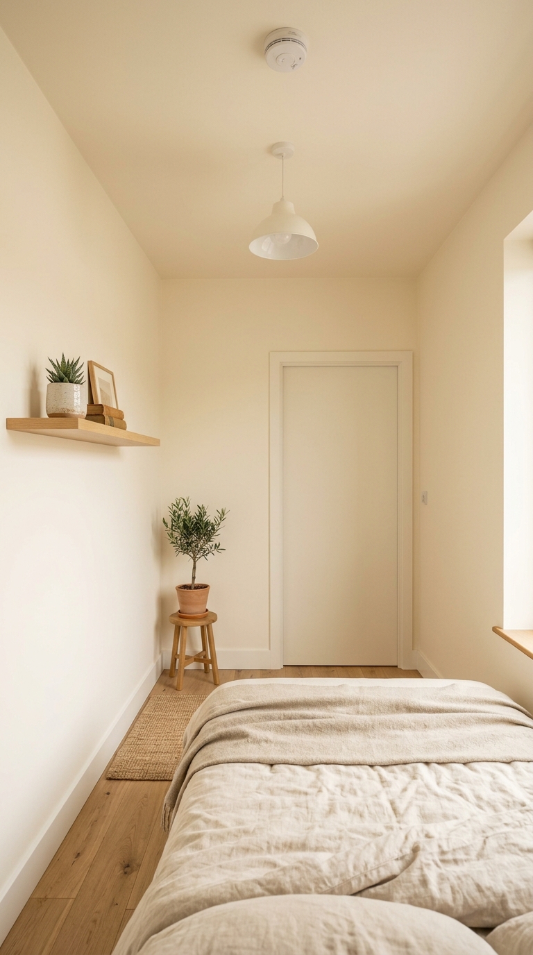 Multiple vertical elements — curtains, tall plant, portrait art, floor lamp — drawing eye upward