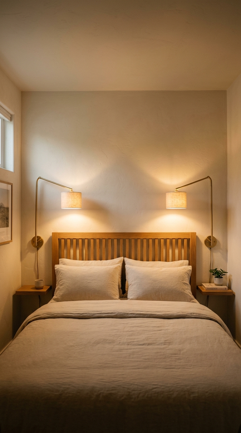 Two matching brass wall sconces flanking headboard — floating shelves free for cup and book