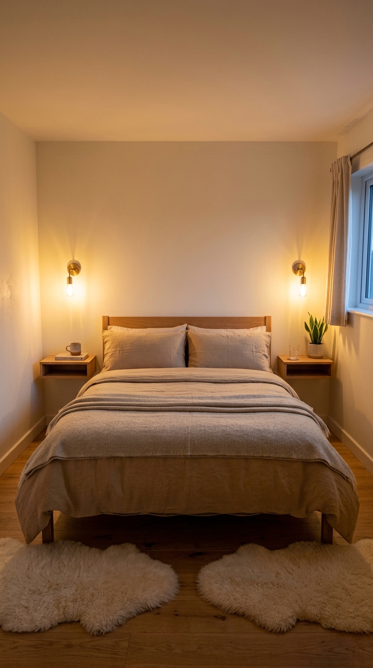 Small bedroom with warm white walls and ceiling creating seamless light envelope and maximum space