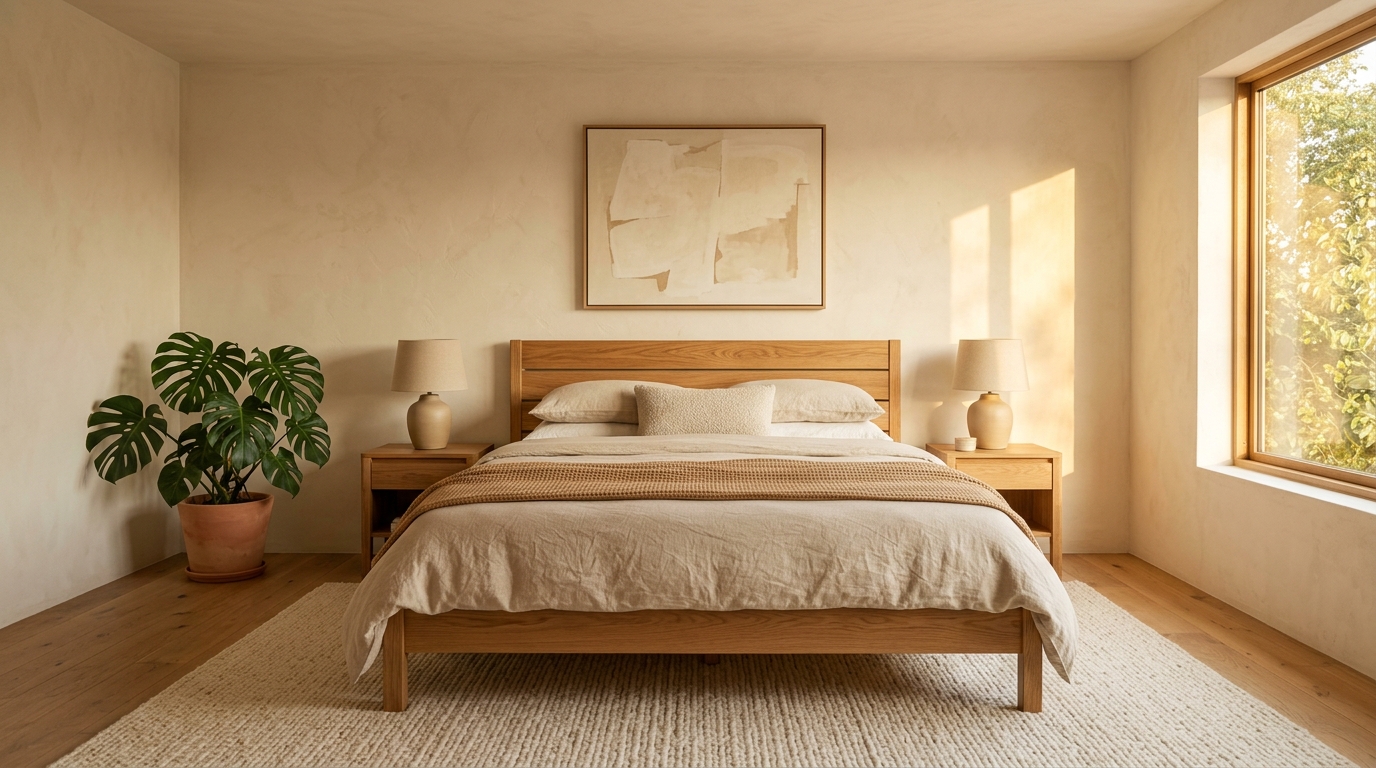 Bedroom shown at three dimmer levels — bright and functional, soft and intimate, and barely-there amber glow