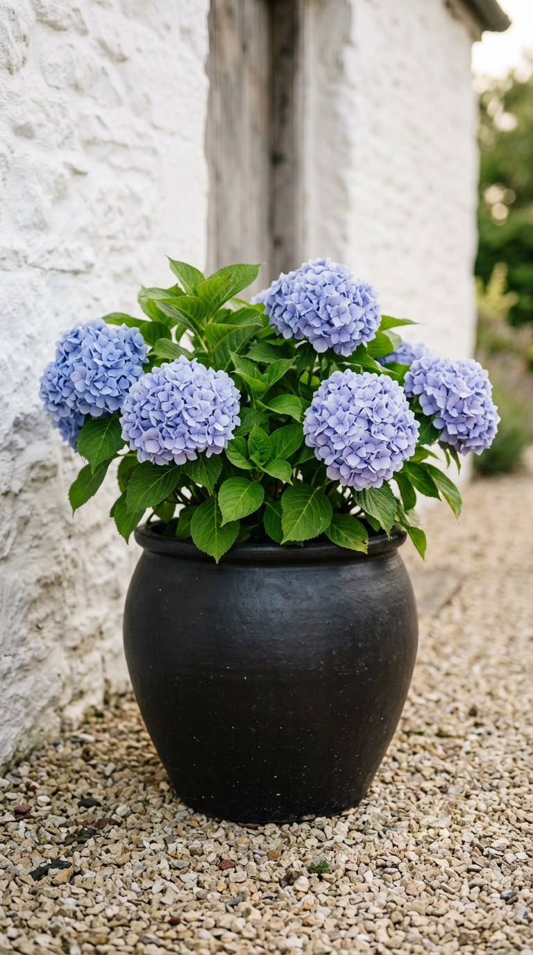 Seven terracotta pots of varying sizes arranged on a warm sandstone patio against a whitewashed wall