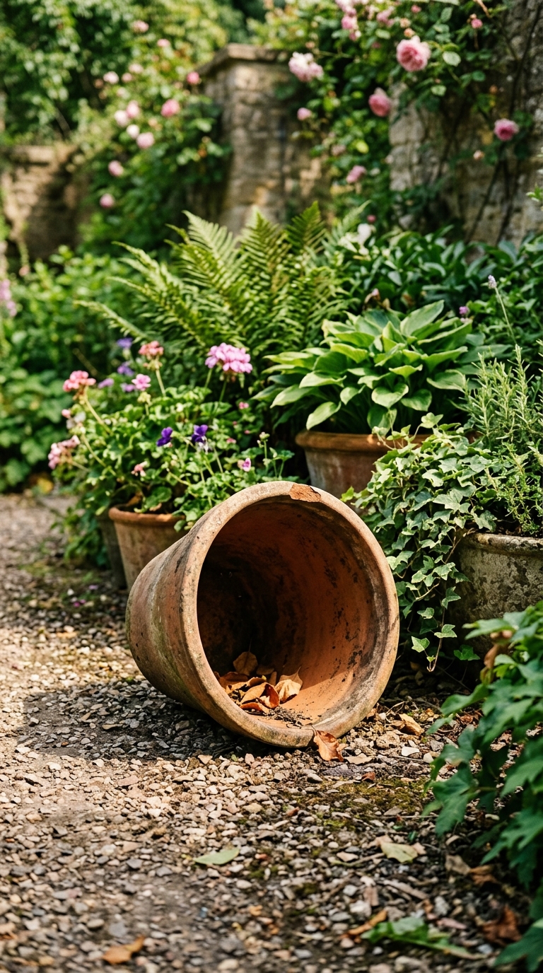 Four large pots with dahlias, sweet peas, cosmos, and zinnias