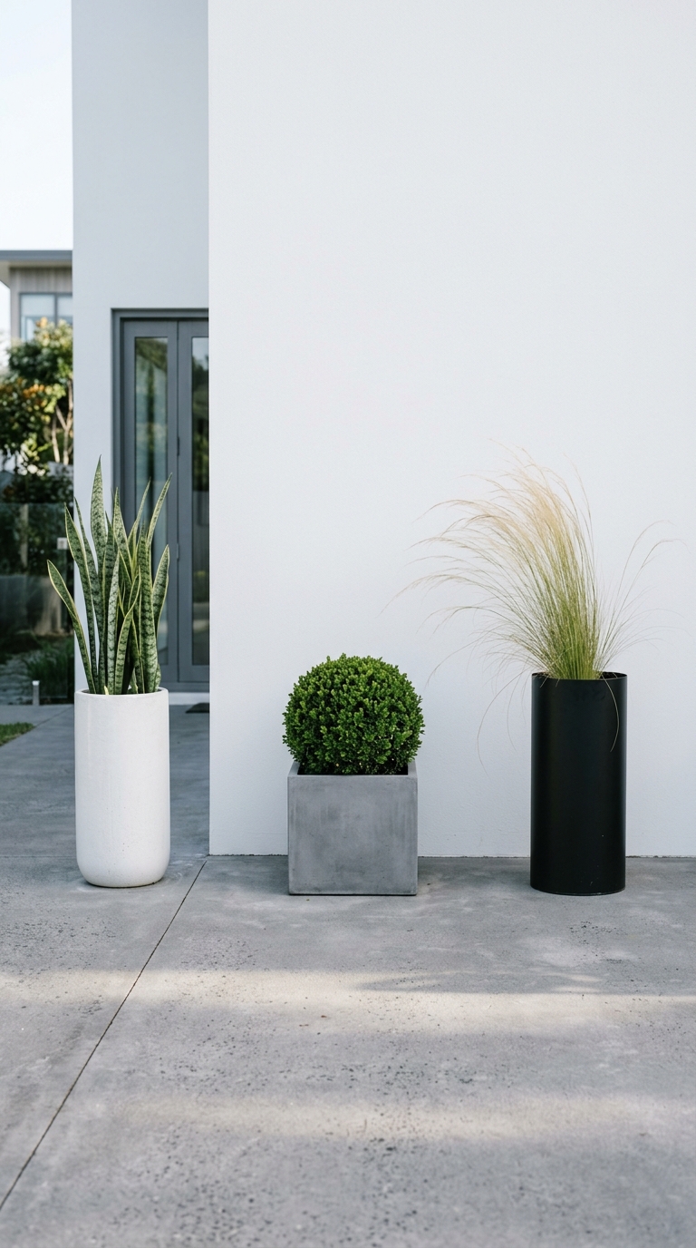Tropical container garden with banana plant and bird of paradise