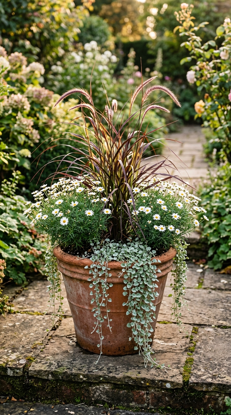 Five terracotta pots clustered outside an open kitchen door