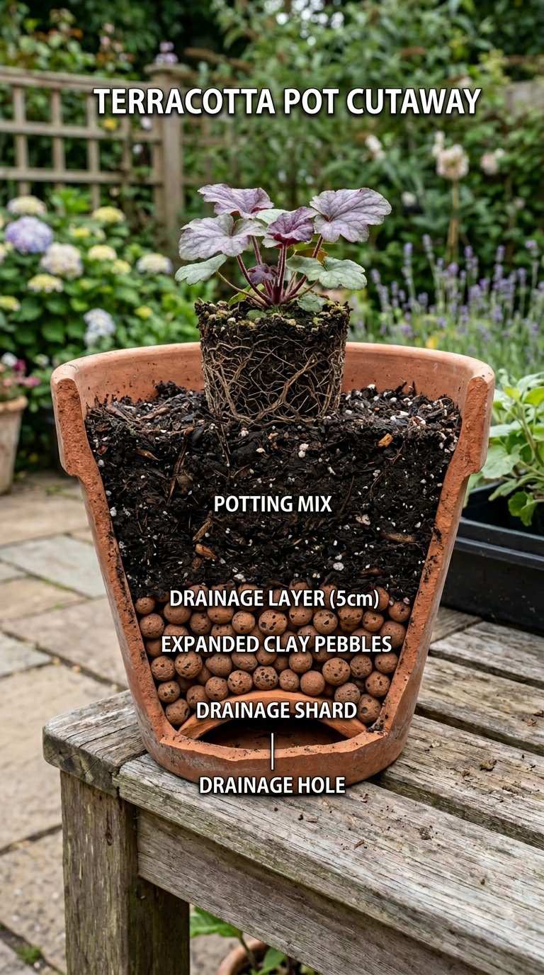 Copper washtub, wine crate, and colander repurposed as planters