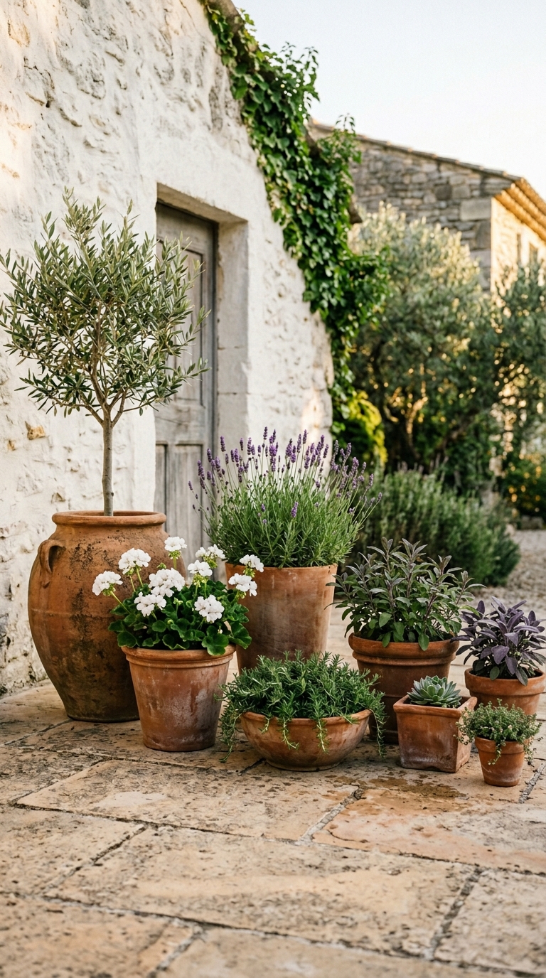 Two parallel rows of lavender pots lining a stone path